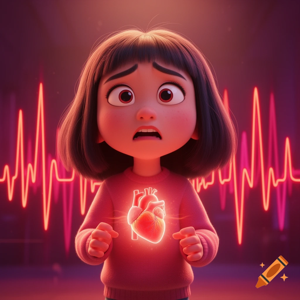A Pixar-style 3D animated girl looking anxious, with a glowing anatomical heart on her chest and red heartbeat lines in the background.