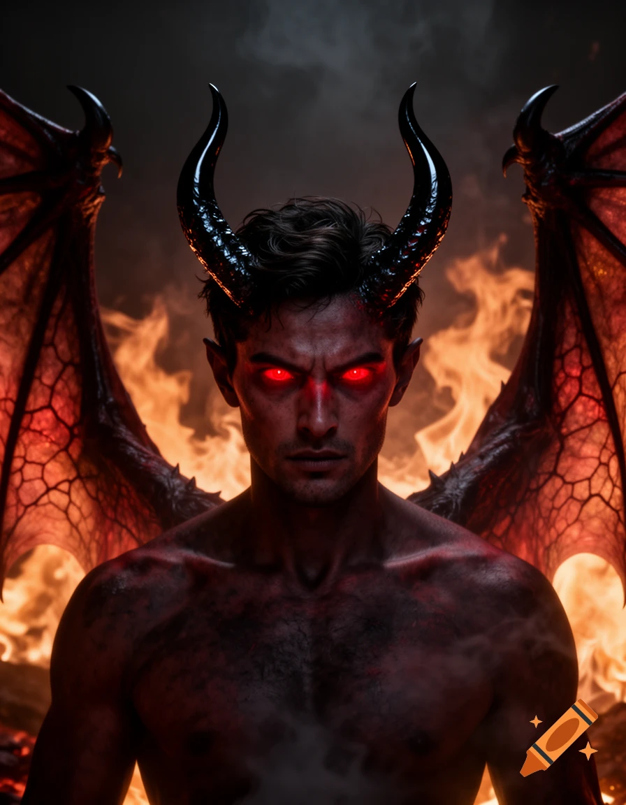 Photorealistic depiction of a devil with red glowing eyes, black horns, and large red wings, standing before a fiery background.