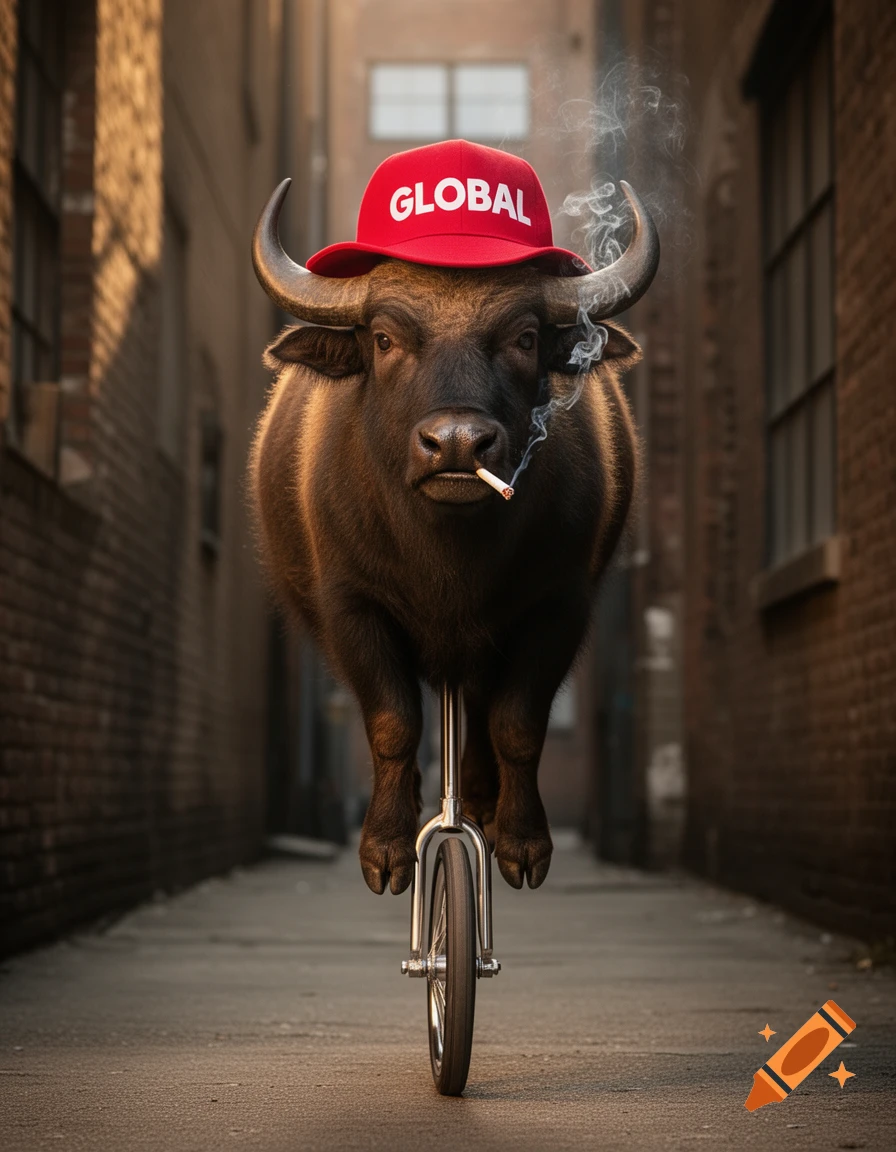A buffalo wearing a red "GLOBAL" hat, smoking a cigarette, and riding a unicycle down a brick alley.