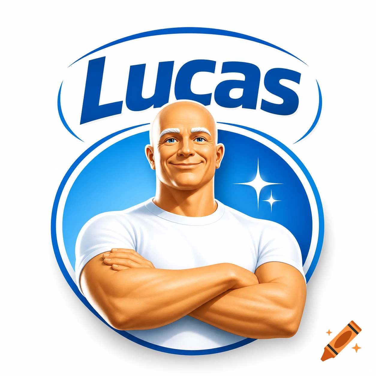 Illustration of a bald, muscular man in a white t-shirt with crossed arms, smiling within a blue circle. The name 'Lucas' is above him in a blue oval.