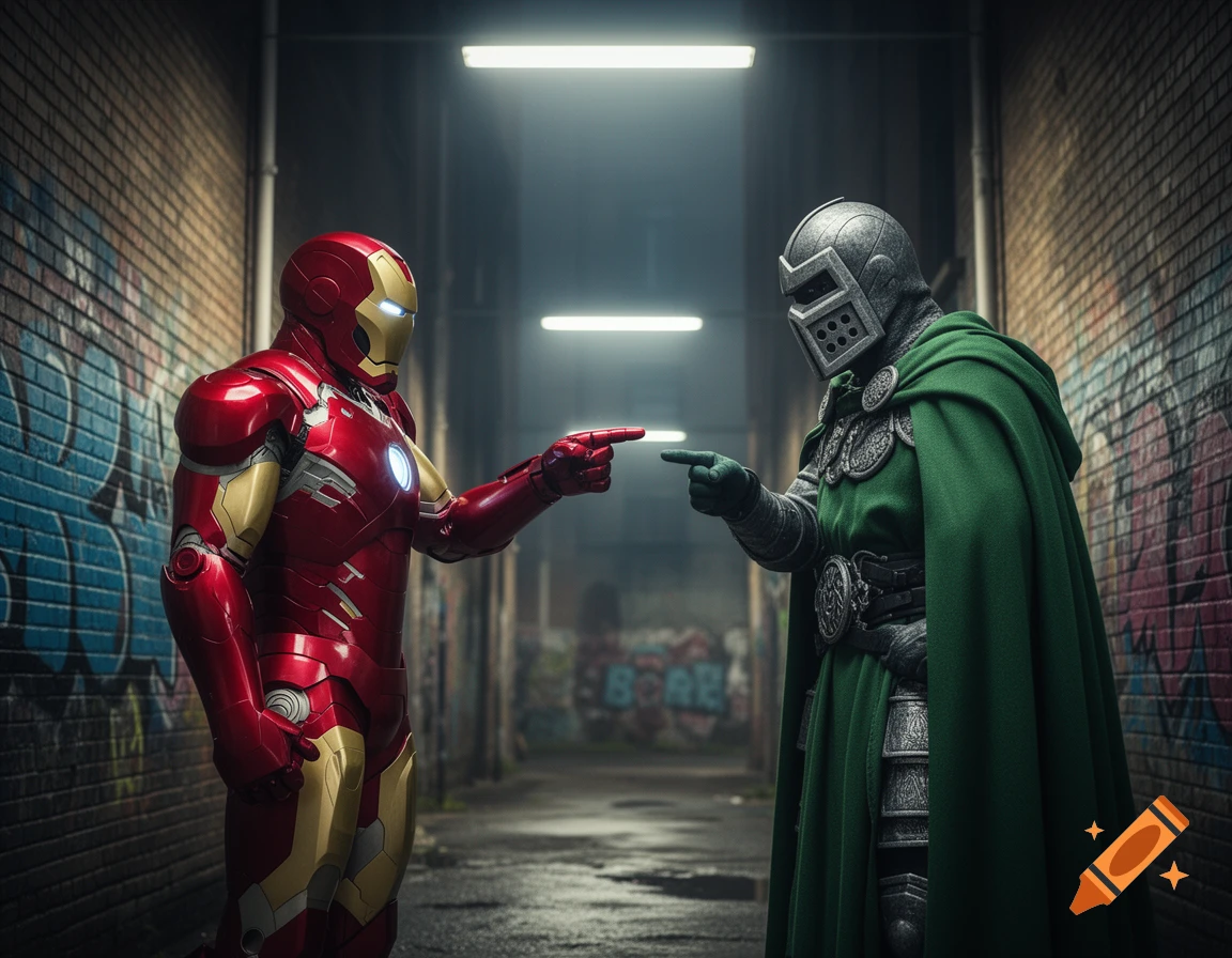 Iron Man and Doctor Doom point at each other in a dimly lit graffiti-covered alley, recreating the Spider-Man meme pose.