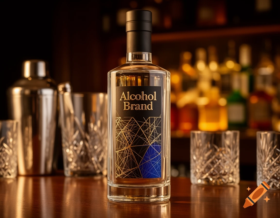 A photorealistic image of an alcohol bottle labeled 'Alcohol Brand' on a wooden bar counter, surrounded by glasses and blurred bottles.