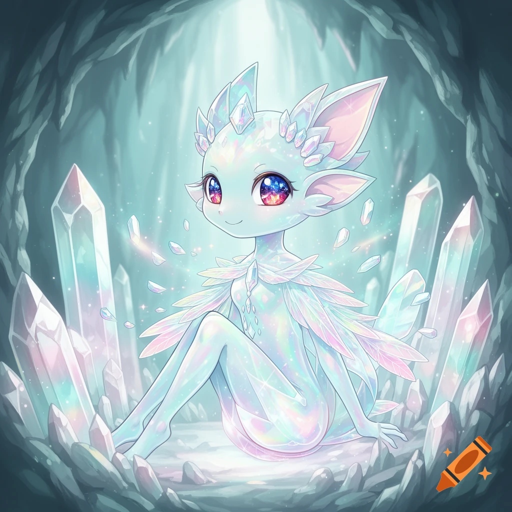 Cute anime crystal creature with big eyes sitting among glowing crystals in a cave.