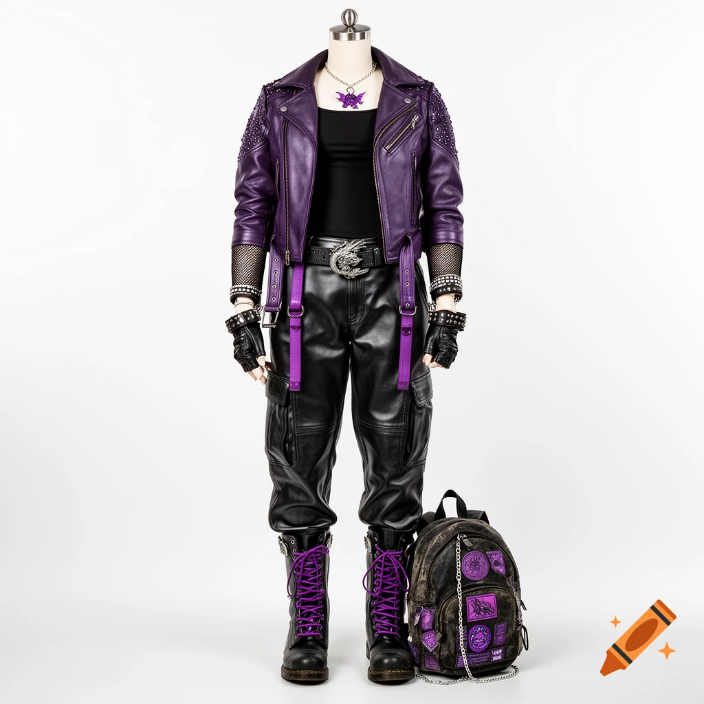 Full punk/biker outfit on a mannequin: purple studded leather jacket, black top, black cargo pants, black boots with purple laces, and a matching studded backpack.