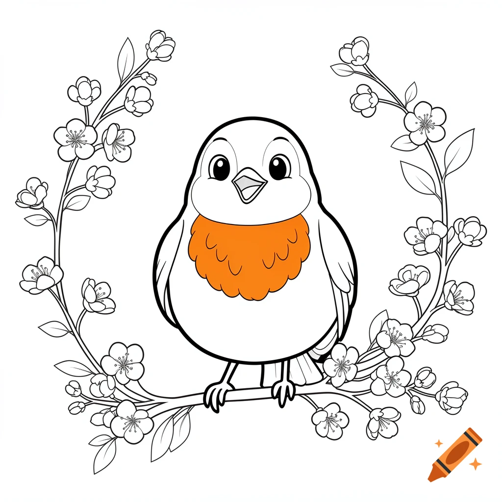 A cheerful cartoon robin with an orange chest perches on a blossoming branch, in black and white line art style for a children's coloring book.