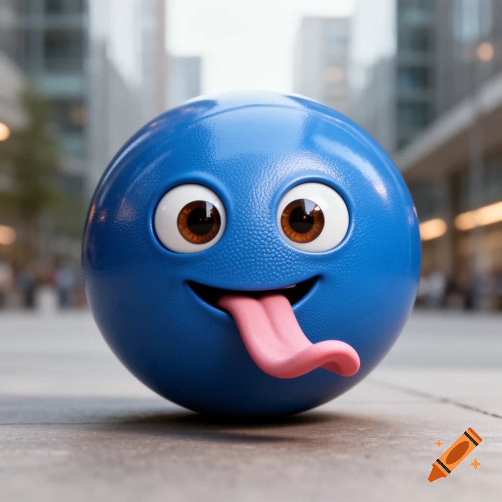A blue spherical cartoon character with big brown eyes and a long pink tongue sticking out, on a city sidewalk.