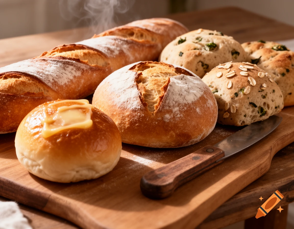An assortment of freshly baked bread and rolls, including a baguette, round loaves, and a buttered roll, on a wooden cutting board.