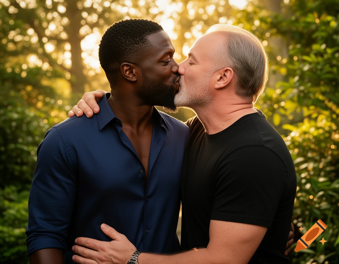 Two men, one Black and one white, embrace and kiss outdoors with golden sunlight filtering through trees in the background.