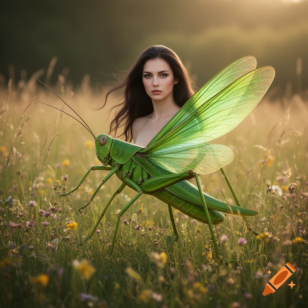 A photorealistic image of a woman with long dark hair, her body merging with a giant green grasshopper, standing in a sunny meadow.