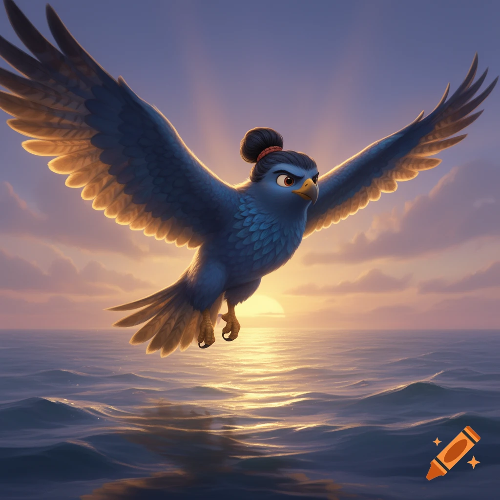 A cartoon blue hawk with a bun, resembling Moana, flies over a golden ocean at sunset.