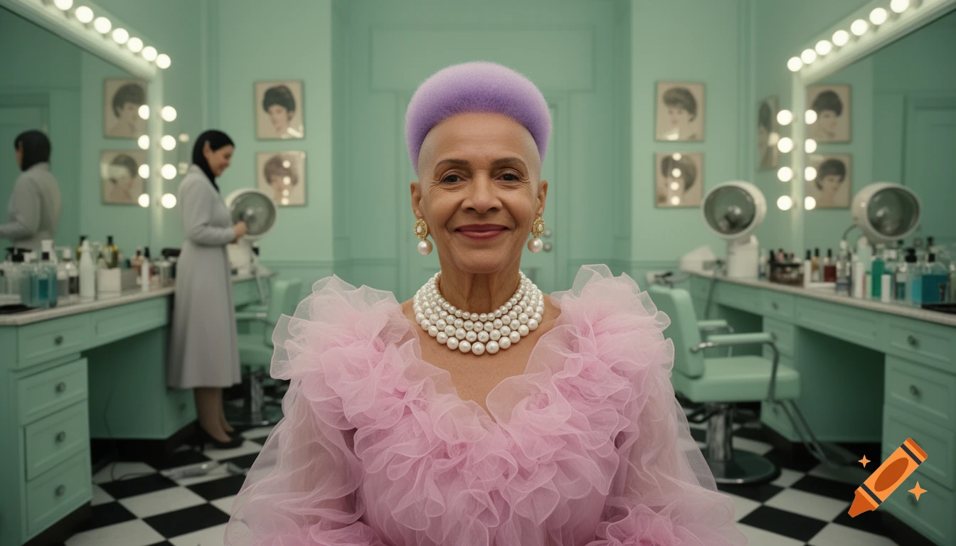 Elegant older woman with lavender hair and a pink ruffled blouse, wearing pearl jewelry, smiling in a retro mint-green hair salon.