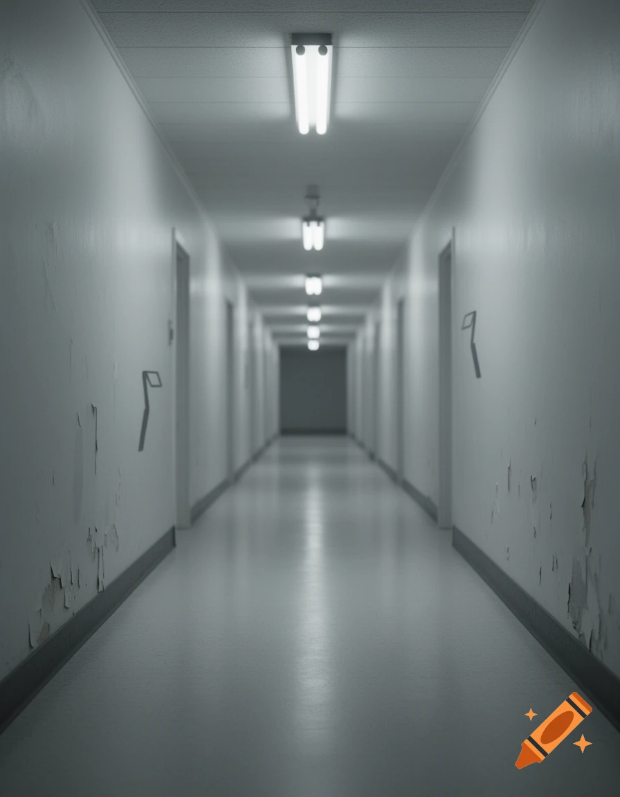 Long, dimly lit, empty hallway with peeling grey walls and fluorescent ceiling lights, evoking a liminal space.