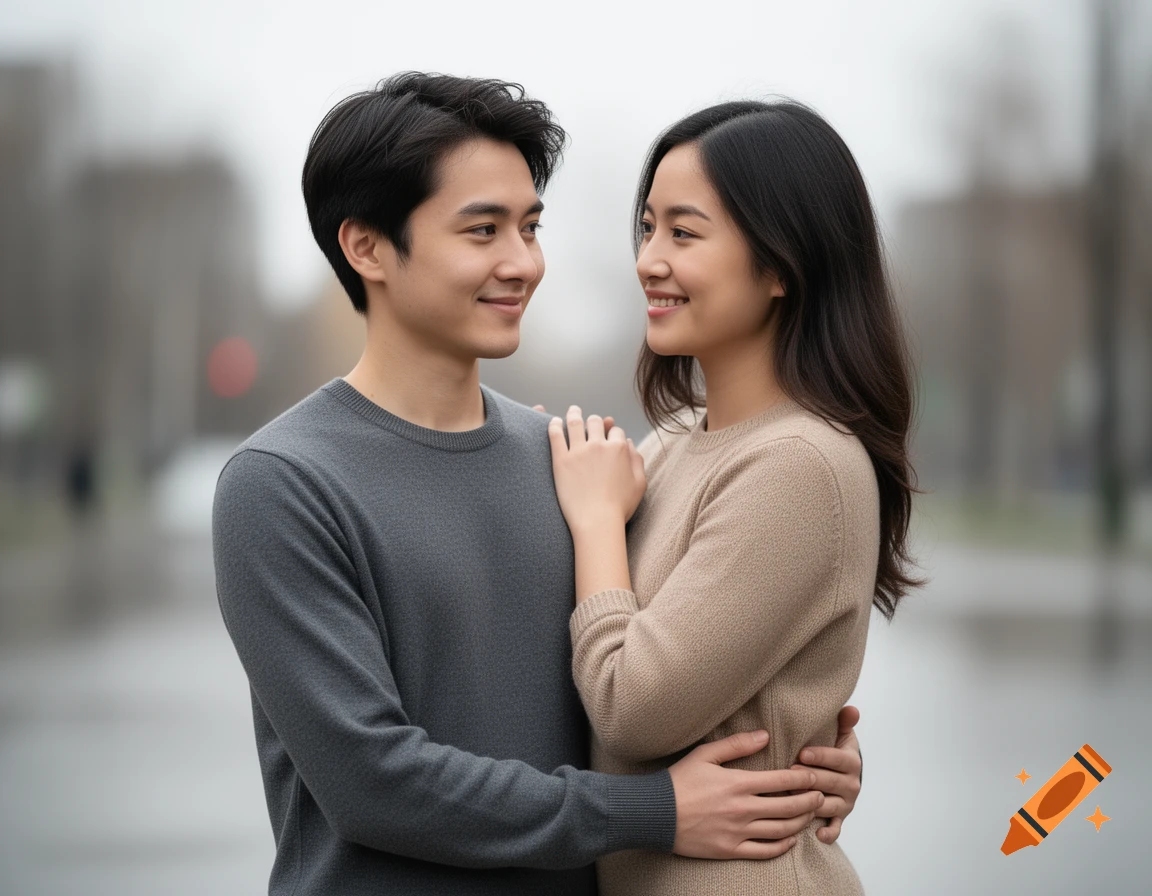 A young Asian couple in gray and beige sweaters embrace outdoors, smiling and looking at each other.