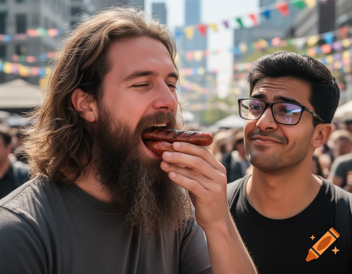 A long-haired bearded man enthusiastically eats a bratwurst as his friend in glasses looks on at an outdoor festival.