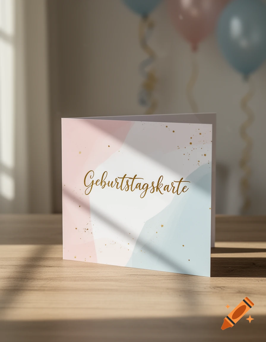 A pink and blue birthday card with gold script 'Geburtstagskarte' and specks, standing on a wooden table with blurred balloons in the background.