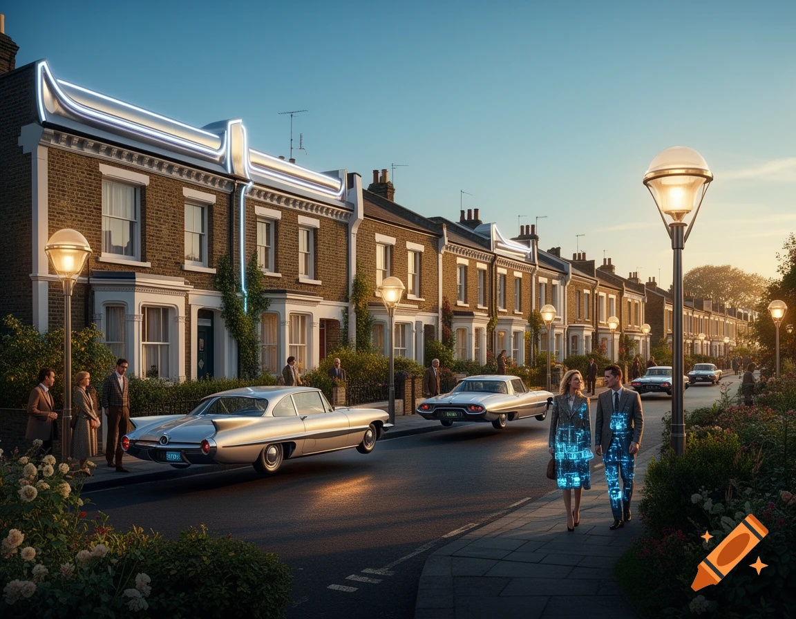 Photorealistic retro-futuristic London suburb with hovercars, people in glowing circuit-patterned clothes, and brick houses with neon accents.