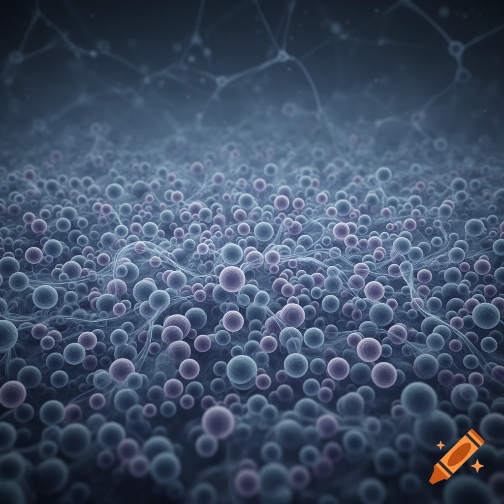 A microscopic view of numerous blue and purple spherical cells connected by thin lines against a dark background.