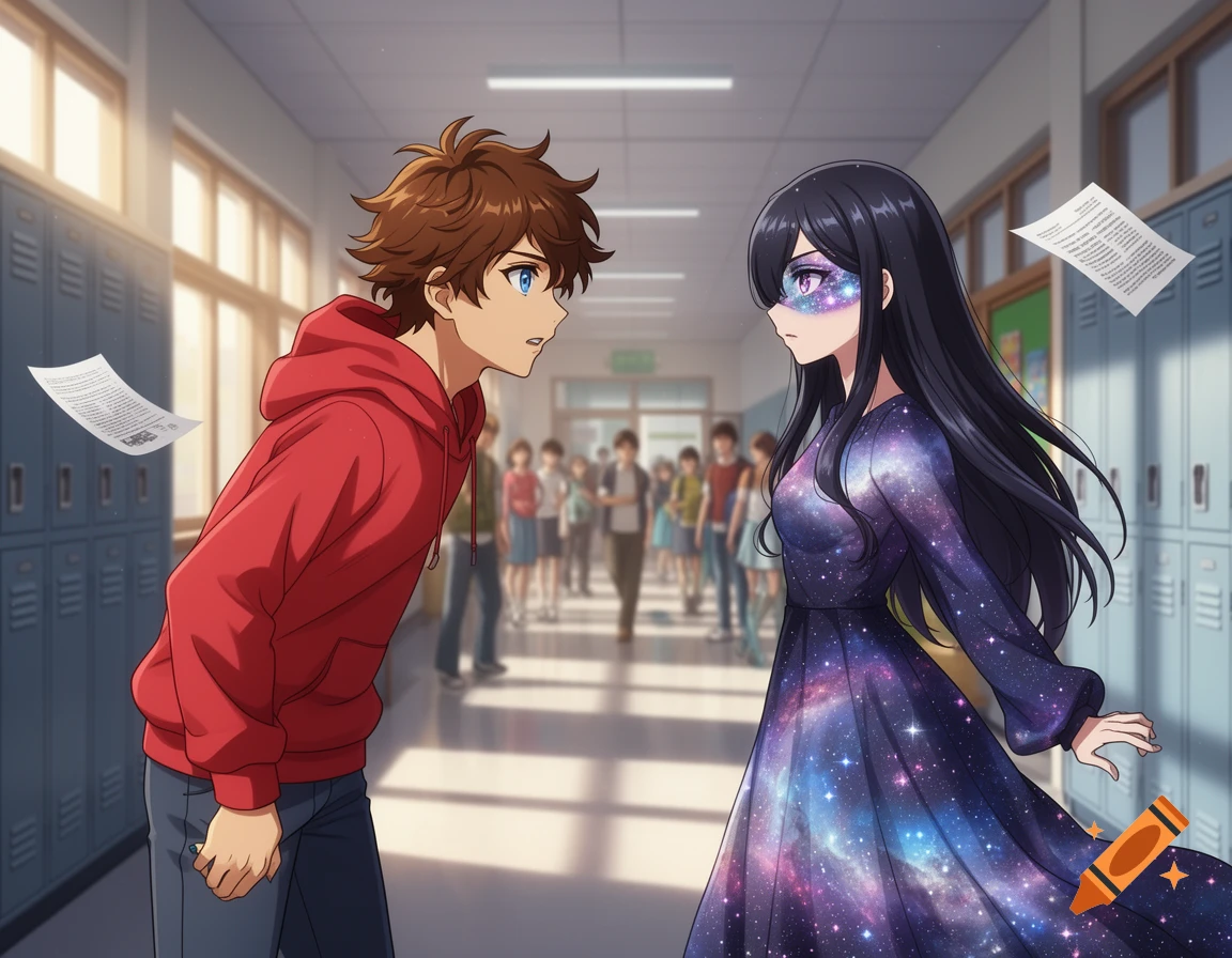 Anime boy in a red hoodie and a girl in a galaxy dress with galaxy eyes face each other in a school hallway with papers floating.