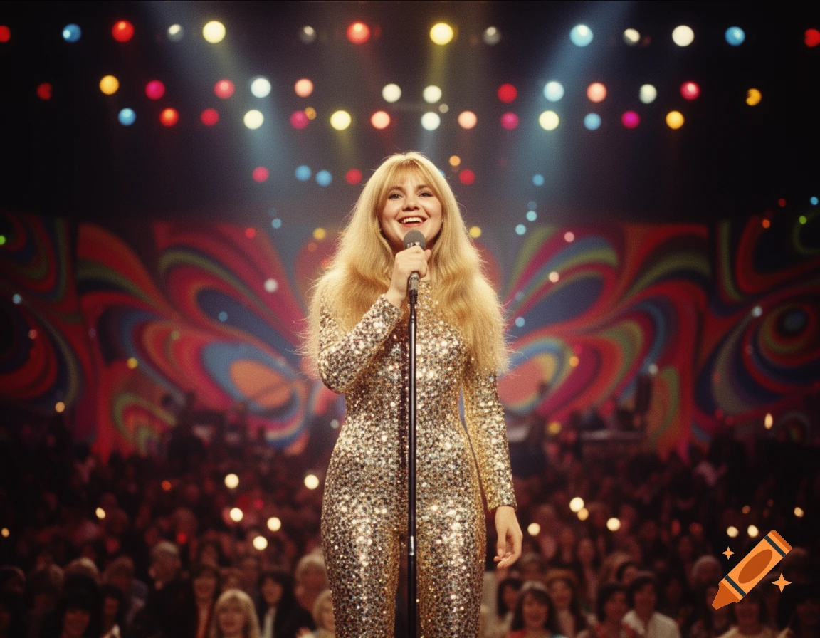 A woman with long blonde hair in a sparkling gold jumpsuit sings into a microphone on a stage with a psychedelic backdrop and colorful lights.