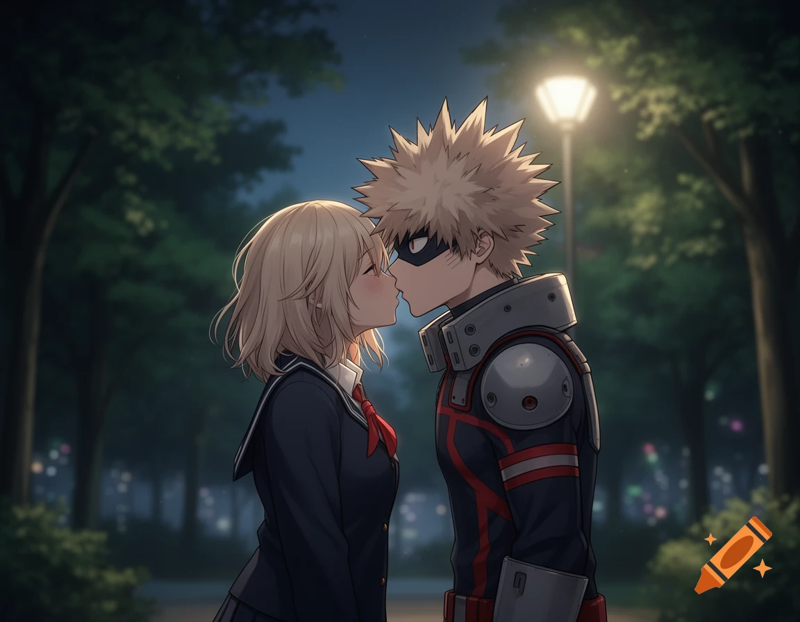 Anime characters Himiko Toga and Katsuki Bakugo lean in for a kiss under a lamppost at night.