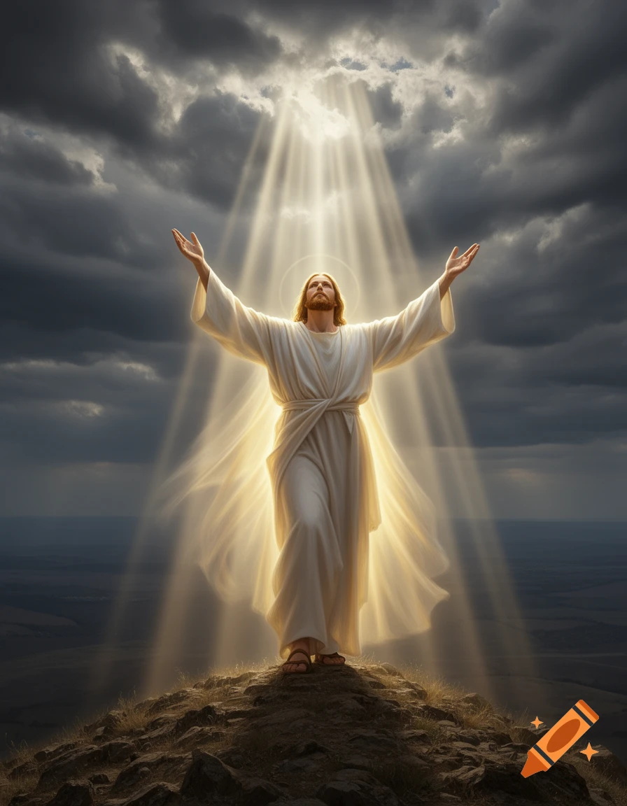 Jesus Christ with arms raised on a mountain, bathed in bright divine light breaking through dark dark clouds, in a photorealistic style.
