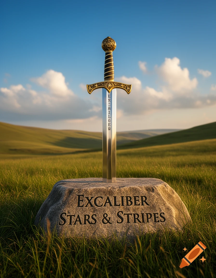 A photorealistic image of a sword inscribed with 'EXCALIBER' plunged into a stone engraved with 'EXCALIBER STARS & STRIPES' in a green field.