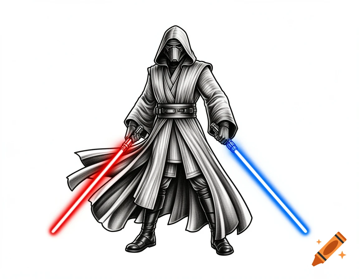 An illustration of a hooded figure in robes, reminiscent of a Jedi or Sith, holding a red lightsaber and a blue lightsaber.