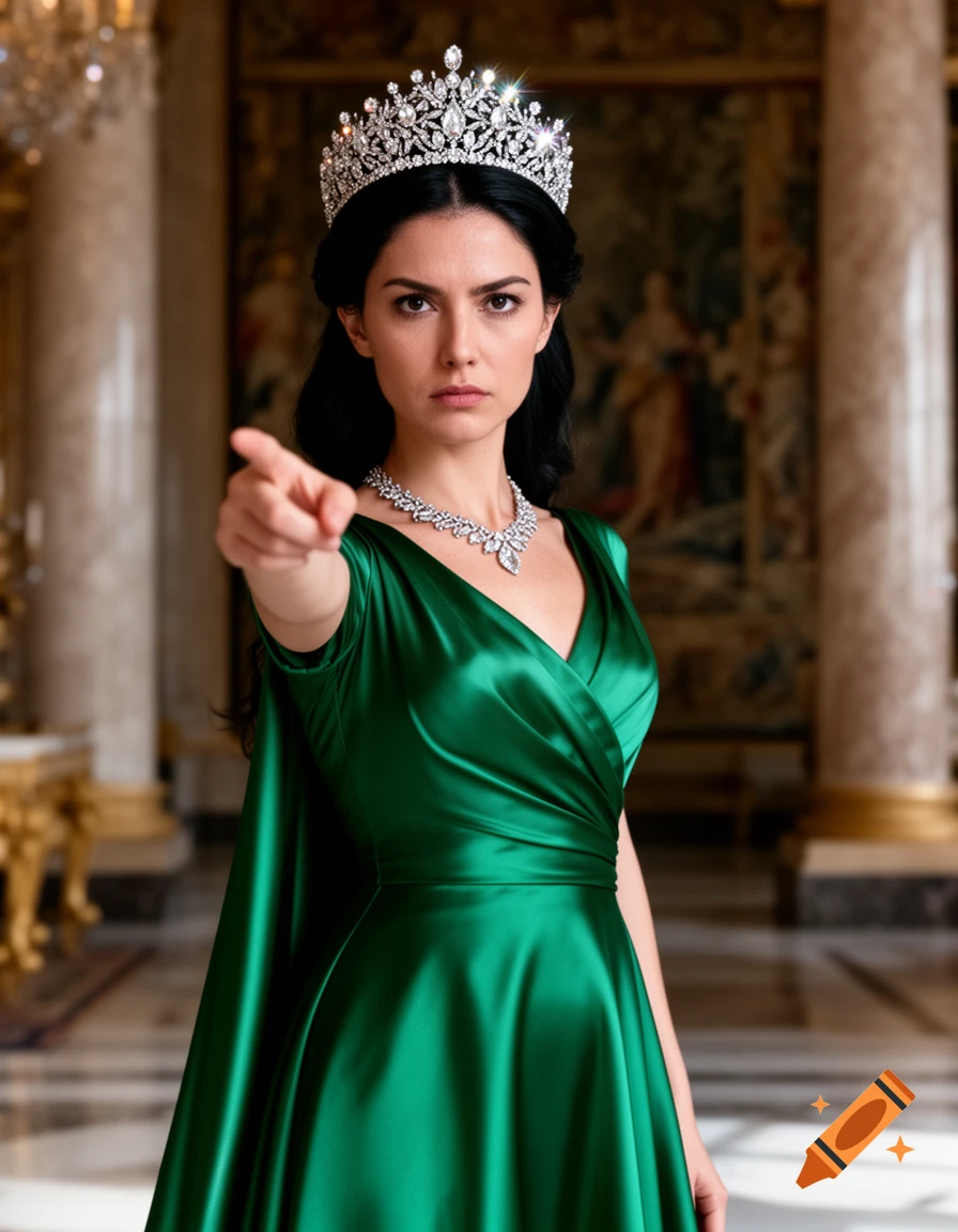 Black-haired woman in a green satin dress, silver tiara, and necklace, pointing forward with a stern expression in a grand hall.