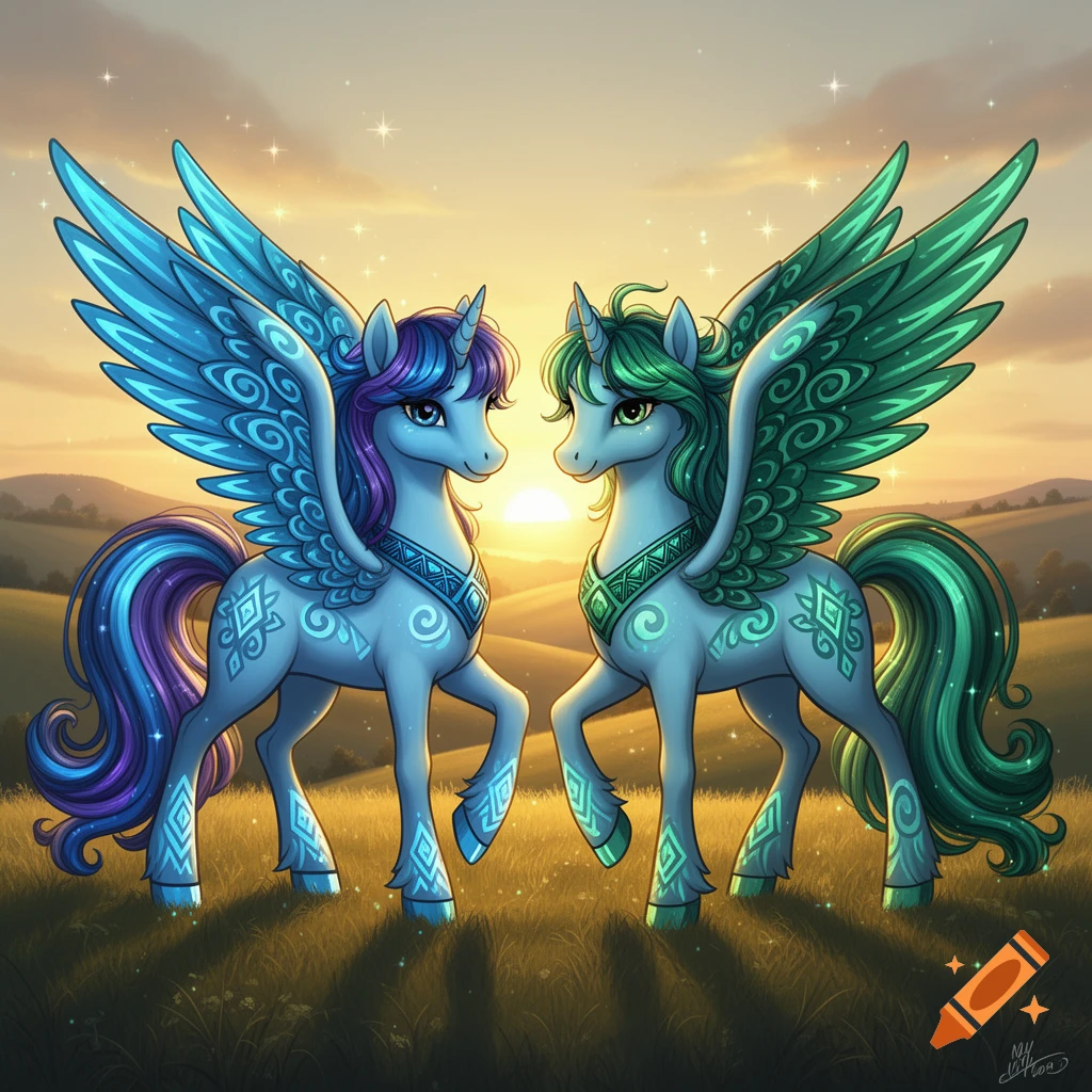 Two stylized pegasus unicorns, one blue/purple and one green, stand in a grassy field at sunset, cartoon fantasy style.
