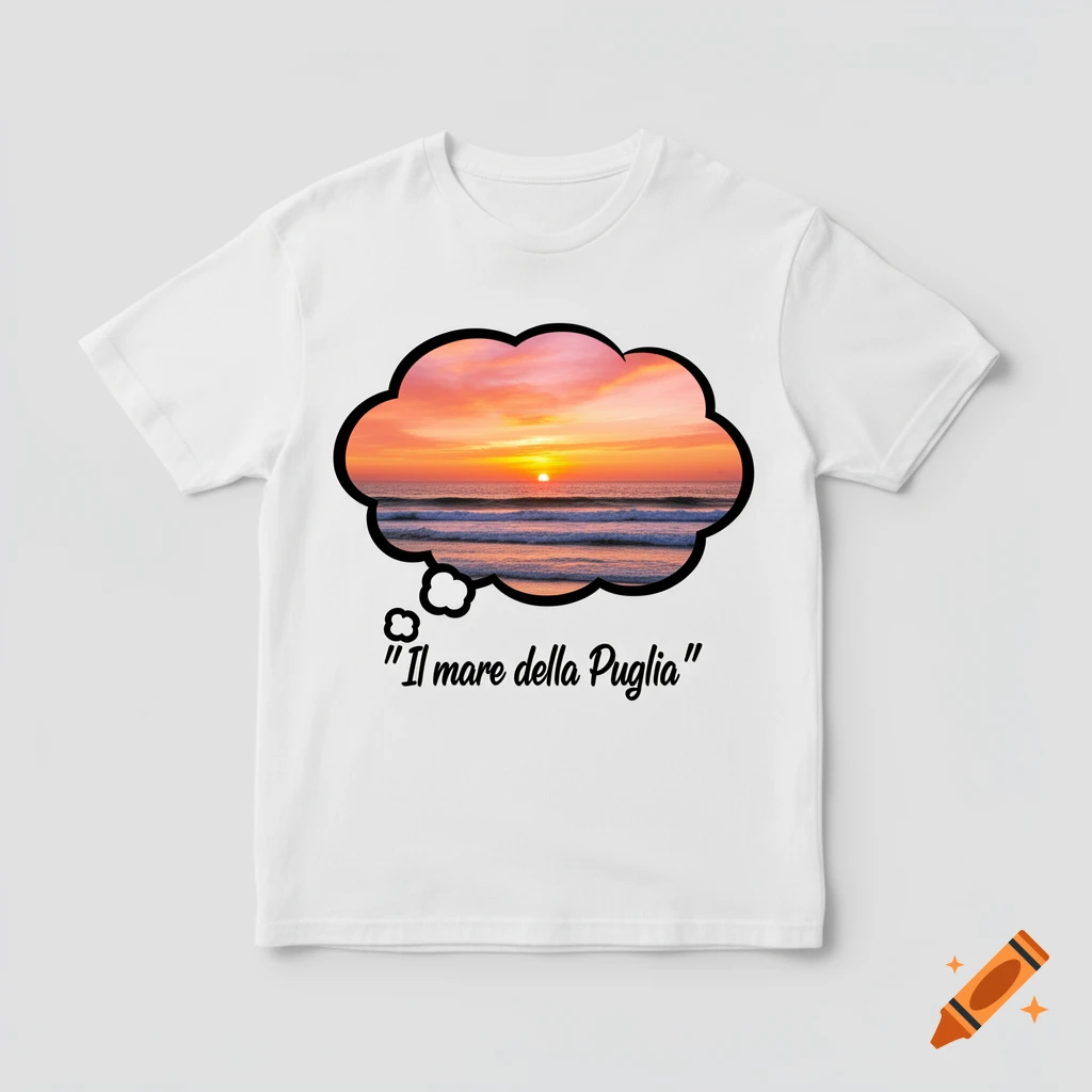 White t-shirt with a thought bubble design showing a vibrant sunset over the sea, and "Il mare della Puglia" text below.