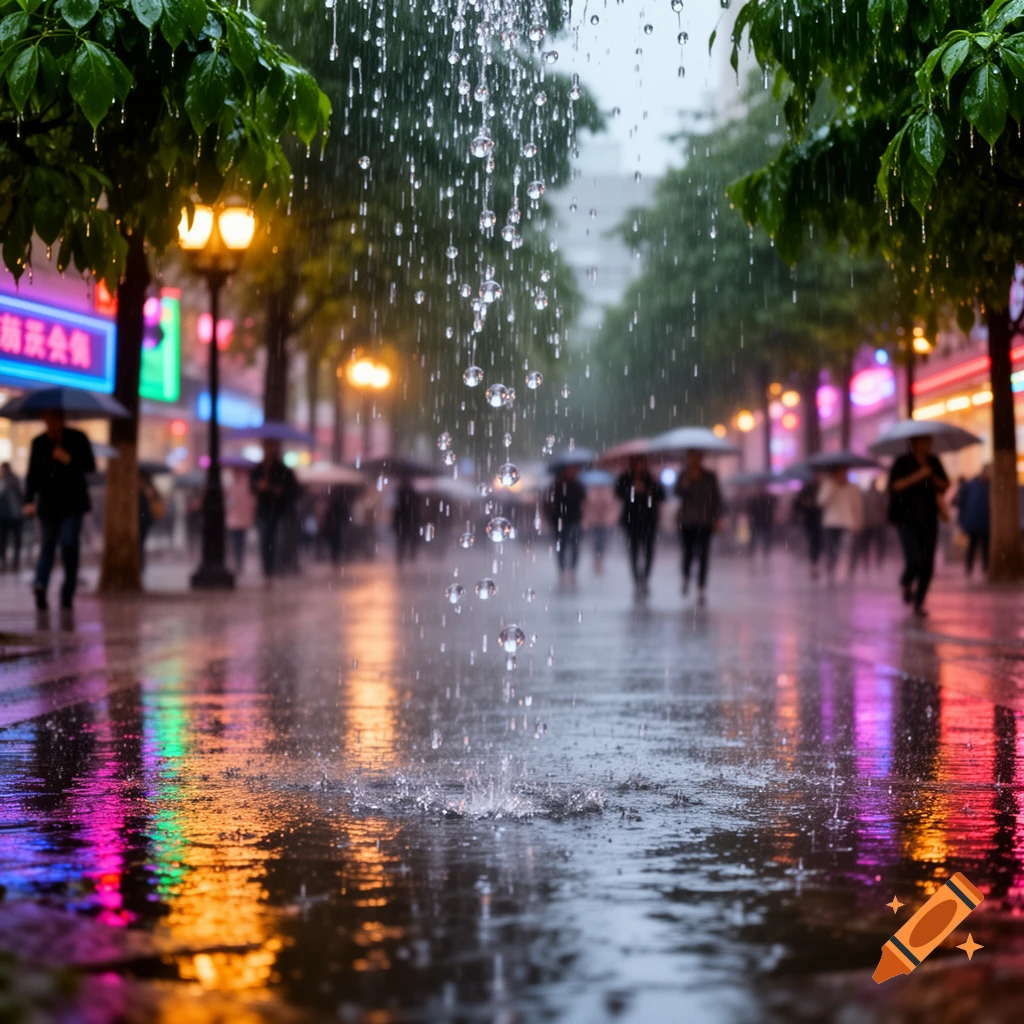 Photorealistic image of a rainy city street at night, with reflections on wet pavement and blurry figures holding umbrellas.