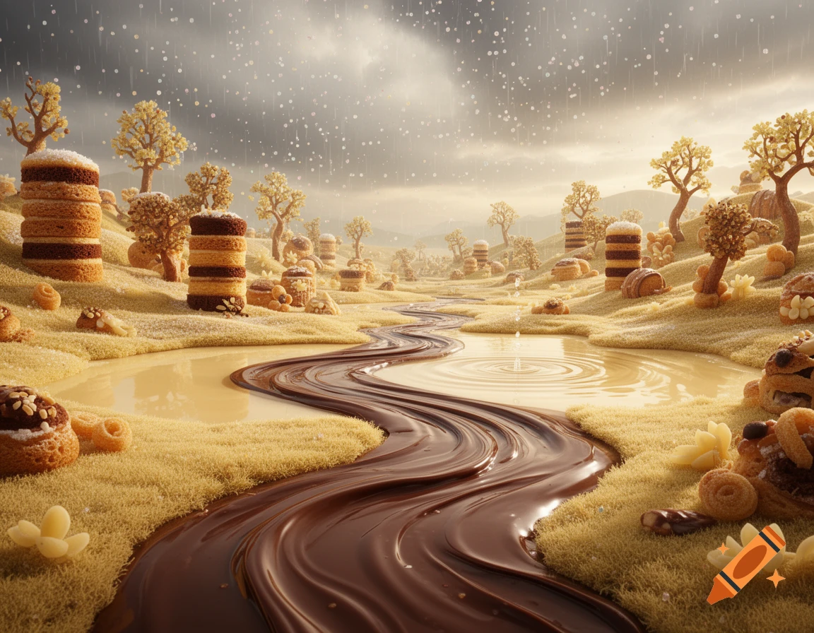 A fantasy landscape with a chocolate river, pudding lakes, marzipan grass, and trees made of cakes and pastries, under a sky with sugar sprinkles raining down.