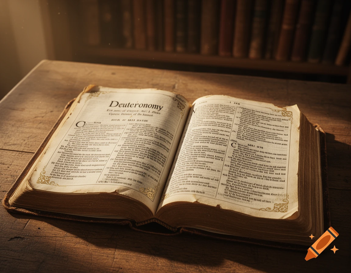 An old Bible open to the book of Deuteronomy on a wooden table, with bookshelves in the background, bathed in warm light.