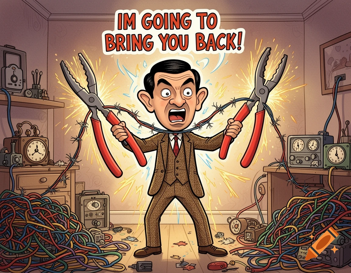 Cartoon Mr. Bean holding sparking wired pliers, surrounded by a tangle of electrical wires, exclaiming 'IM GOING TO BRING YOU BACK!'