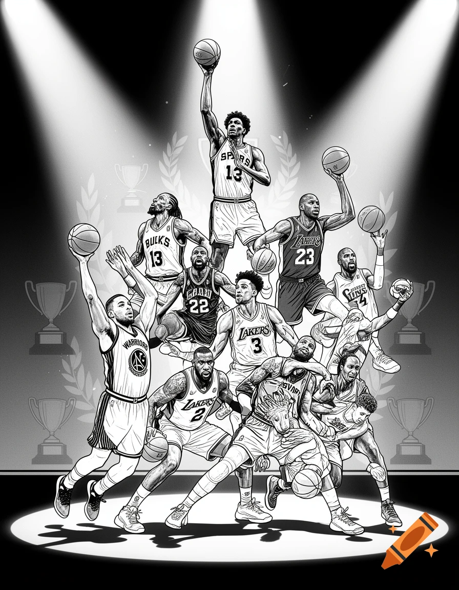 High-contrast black and white line art illustration of multiple NBA basketball players in dynamic poses, arranged in a pyramid, with subtle trophy silhouettes in the background. Players wear jerseys with numbers and team names, some of which are slightly incorrect.