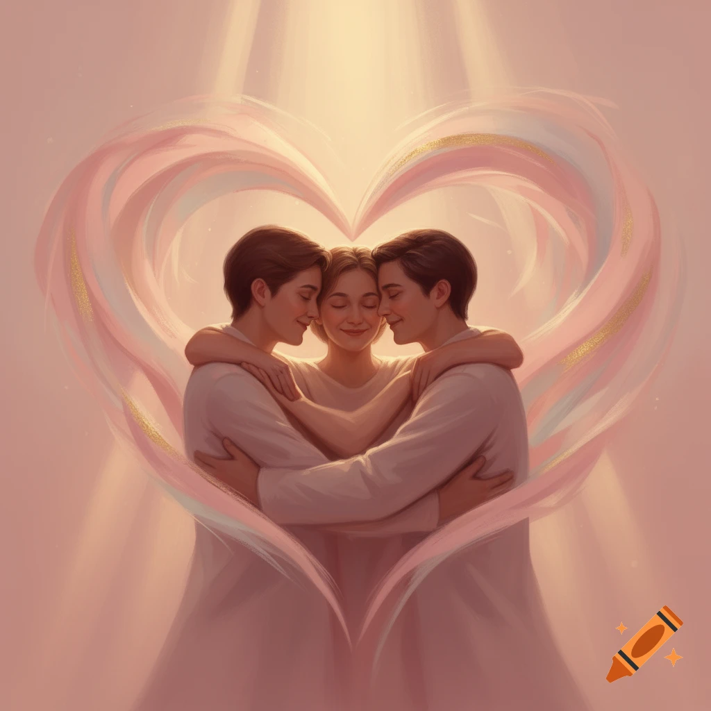 Three people hug closely, forming a heart shape with pastel pink and gold ribbons, in a soft, glowing illustration.