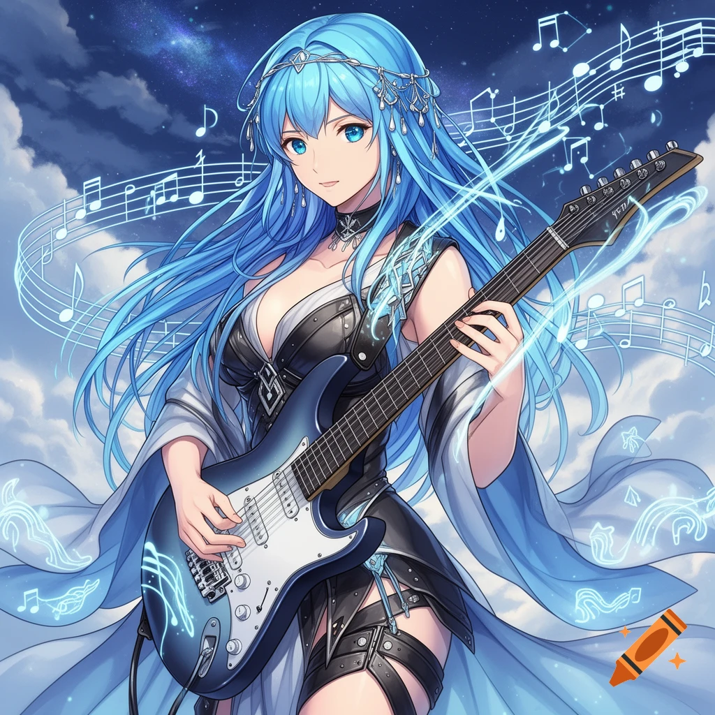 An anime woman with blue hair and eyes playing an electric guitar against a cloudy, starry sky with glowing musical notes.