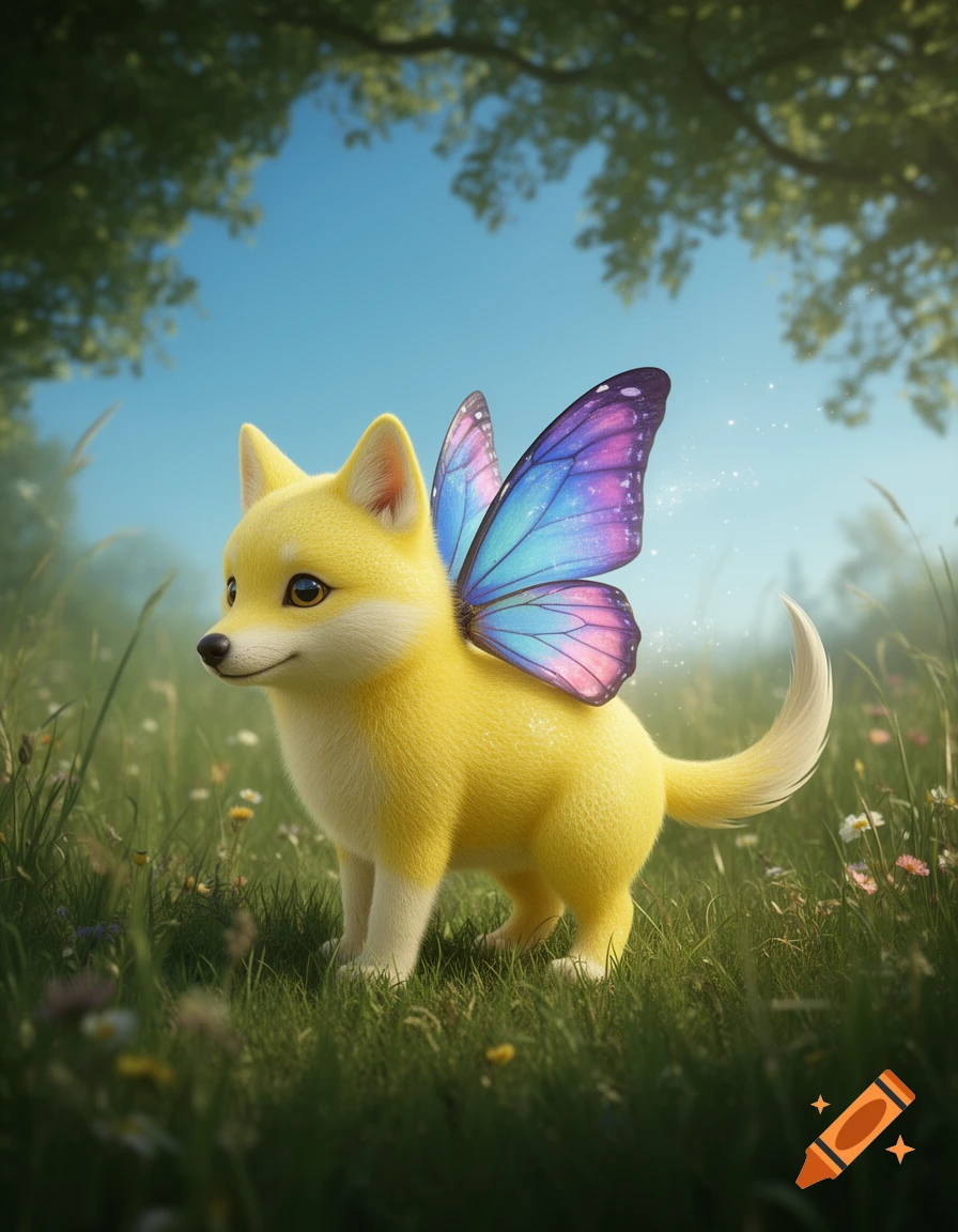 A cute yellow pup with iridescent butterfly wings and a thick tail stands in a grassy field with trees in the background.