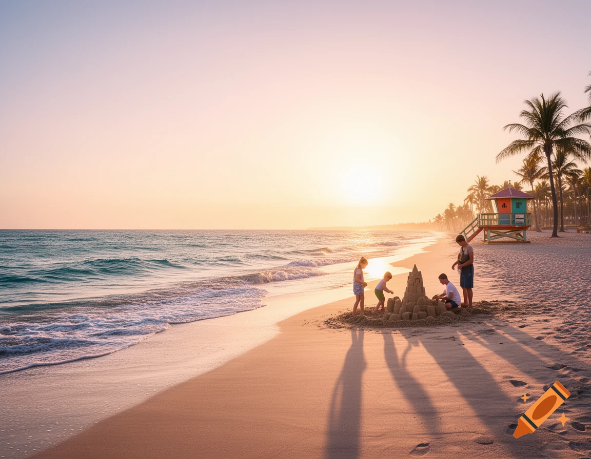 Family builds a sandcastle on a wide sandy beach at sunset, with a colorful lifeguard stand and palm trees.