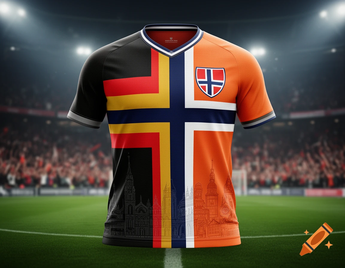 A photorealistic soccer jersey featuring combined German, Norwegian, and Dutch flag designs on a football field.
