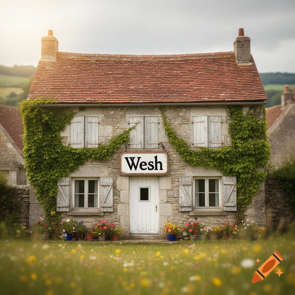 Photorealistic stone house with a red roof, ivy, white shutters, a 'Wesh' sign, and flowers, set in a sunny field.
