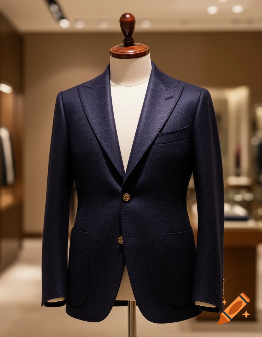 A navy blue luxury blazer with gold buttons displayed on a mannequin in a store.