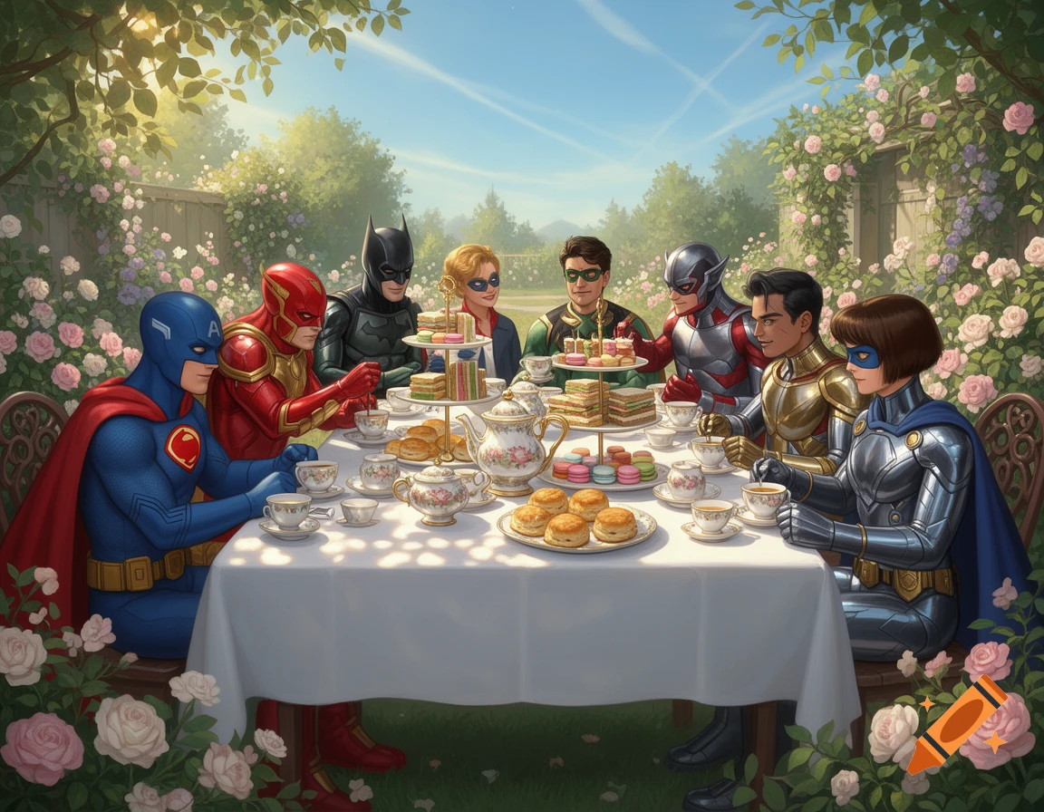 Superheroes in a lush garden filled with pink roses, enjoying a tea party at a white-draped table, in a vibrant comic art style.