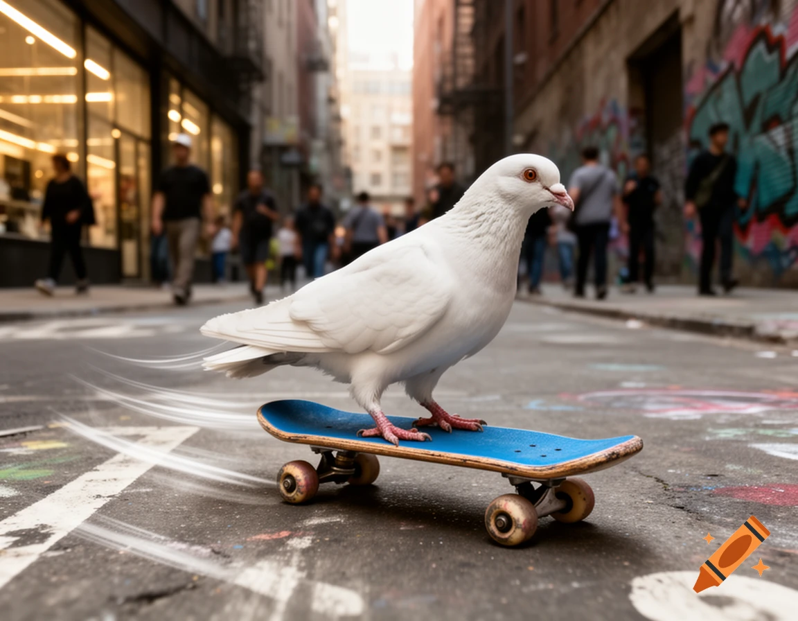 A white pigeon balances on a blue skateboard, rolling down a graffiti-covered city street with blurry pedestrians.