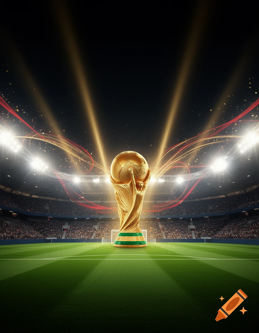 A golden World Cup trophy stands on a green football field in a brightly lit stadium at night, with dramatic golden light rays.