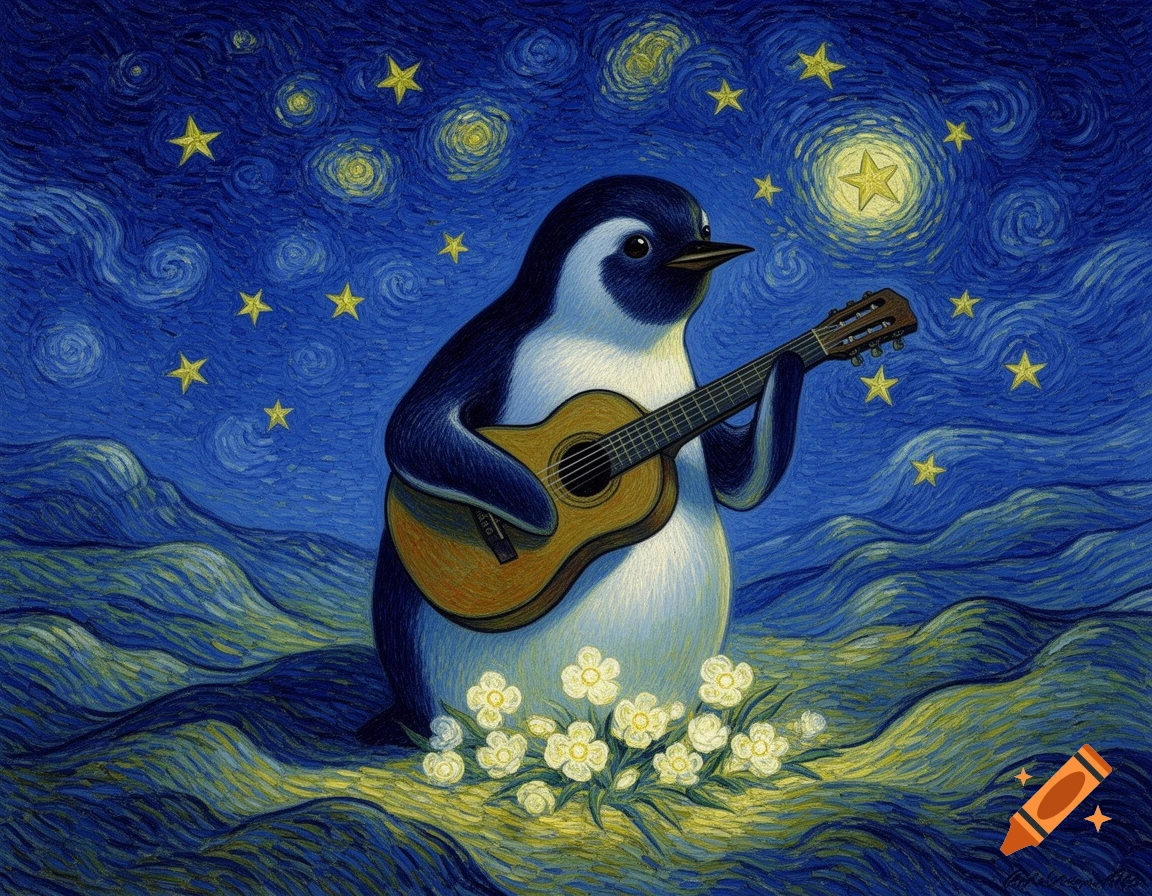 A penguin playing a guitar under a starry night sky with swirling brushstrokes, in the style of Van Gogh.