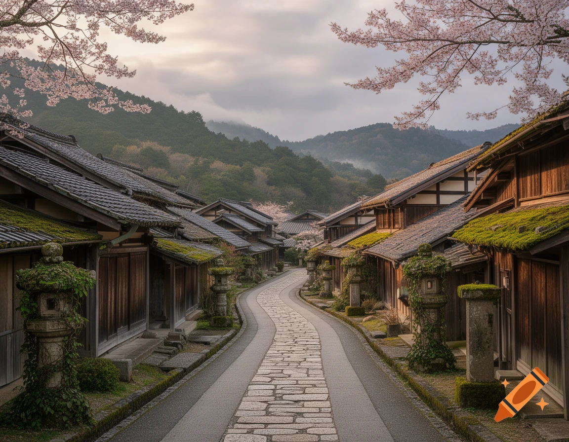 A winding stone path through a traditional Japanese village with wooden houses, mossy roofs, stone lanterns, and pink cherry blossoms overhead.