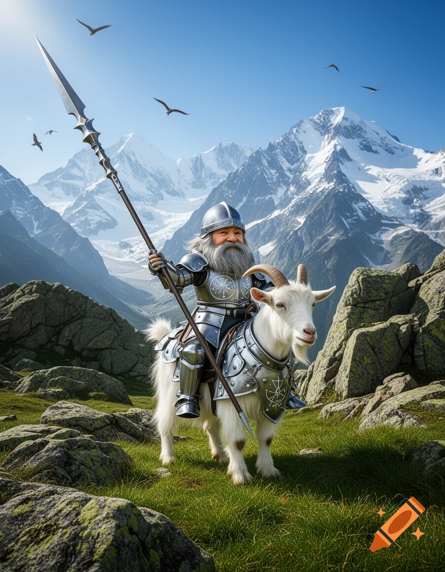 A fantasy gnome paladin in plate armor, holding a glaive, rides an armored white mountain goat through a rocky mountain landscape under a blue sky.