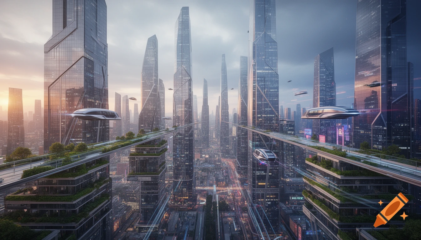 Photorealistic image of a futuristic cityscape with numerous sleek skyscrapers, elevated green pathways, and flying vehicles.