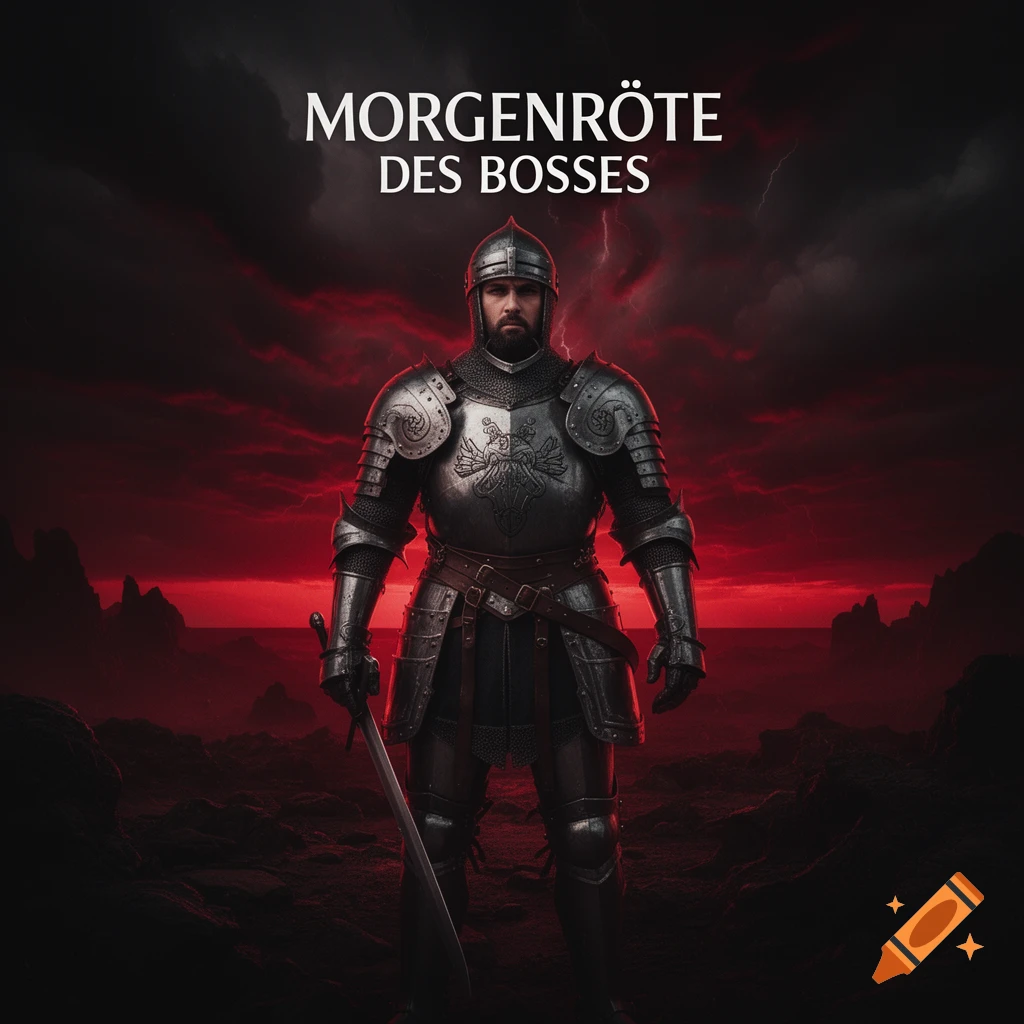 A medieval knight in shining armor stands with a sword against a stormy, blood-red sky and dark landscape.